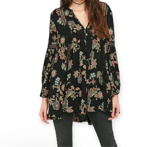 Free People Just The Two Of Us Black Floral Peasant Tunic Dress Top Women’s XS - Picture 2 of 15